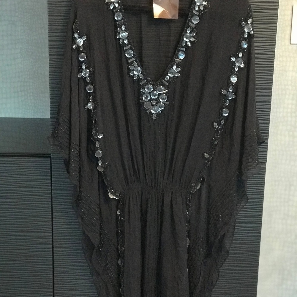 Inca Black Beaded Black Silk Sheer Tunic NWT